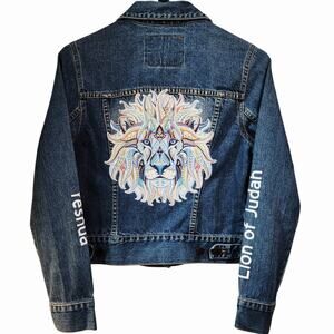 Yeshua The Lion of Judah Custom Upcycled Jean Jacket, Women's S